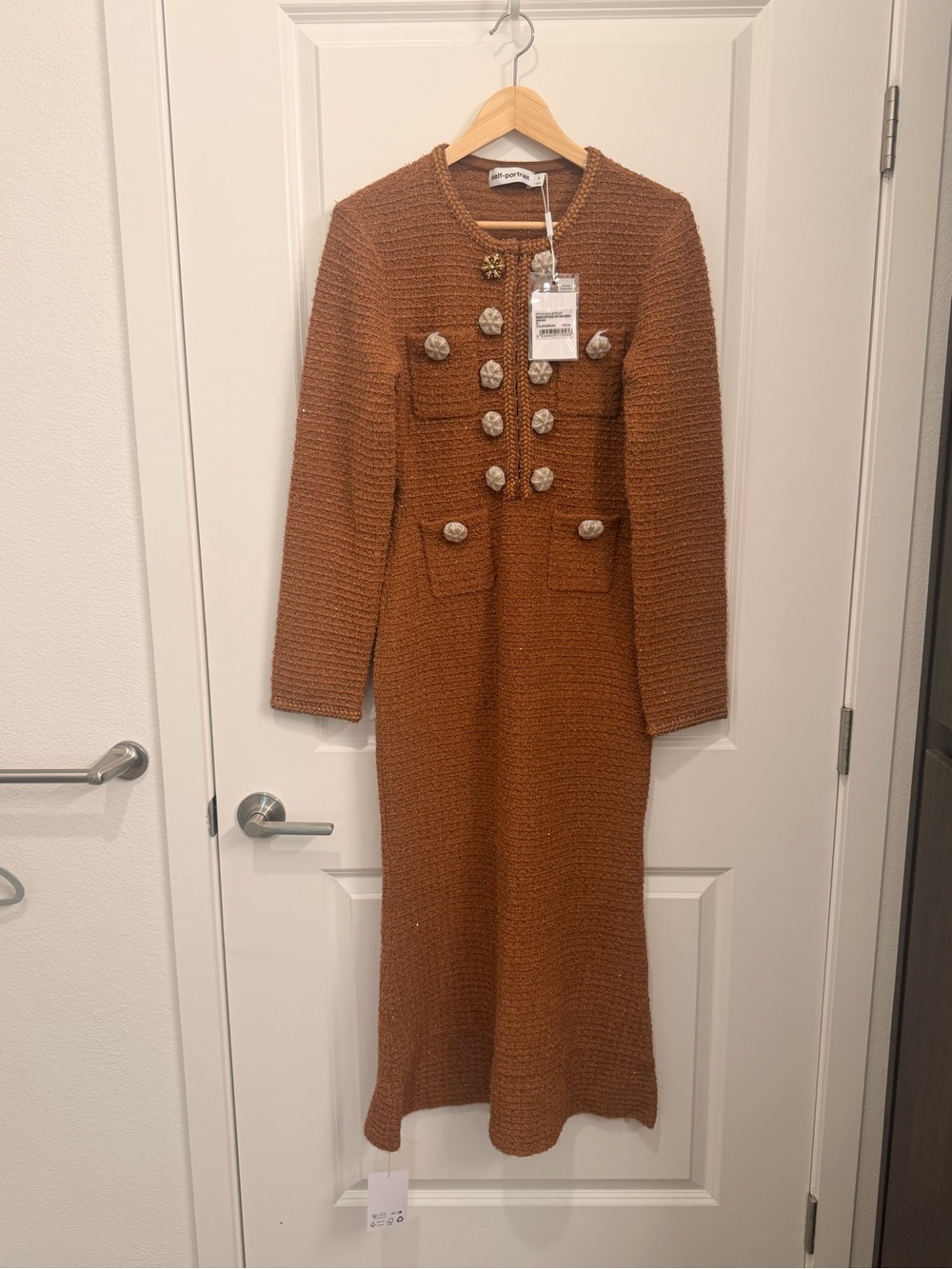 Self-Portrait Copper/Brown Long-Sleeve Button Knit Dress